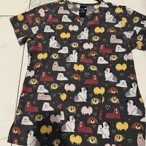 Gray Dog Print Scrub Top